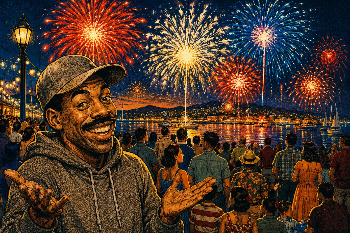 Billy Ray Ramsey reacts to 4th of July fireworks over the East Bay waterfront