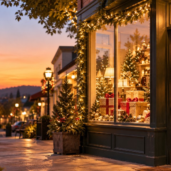 Holiday storefront at dusk